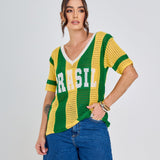 blusa tricot manga curta listrada verde e amarelo brasil copa 2026 + frete grátis
