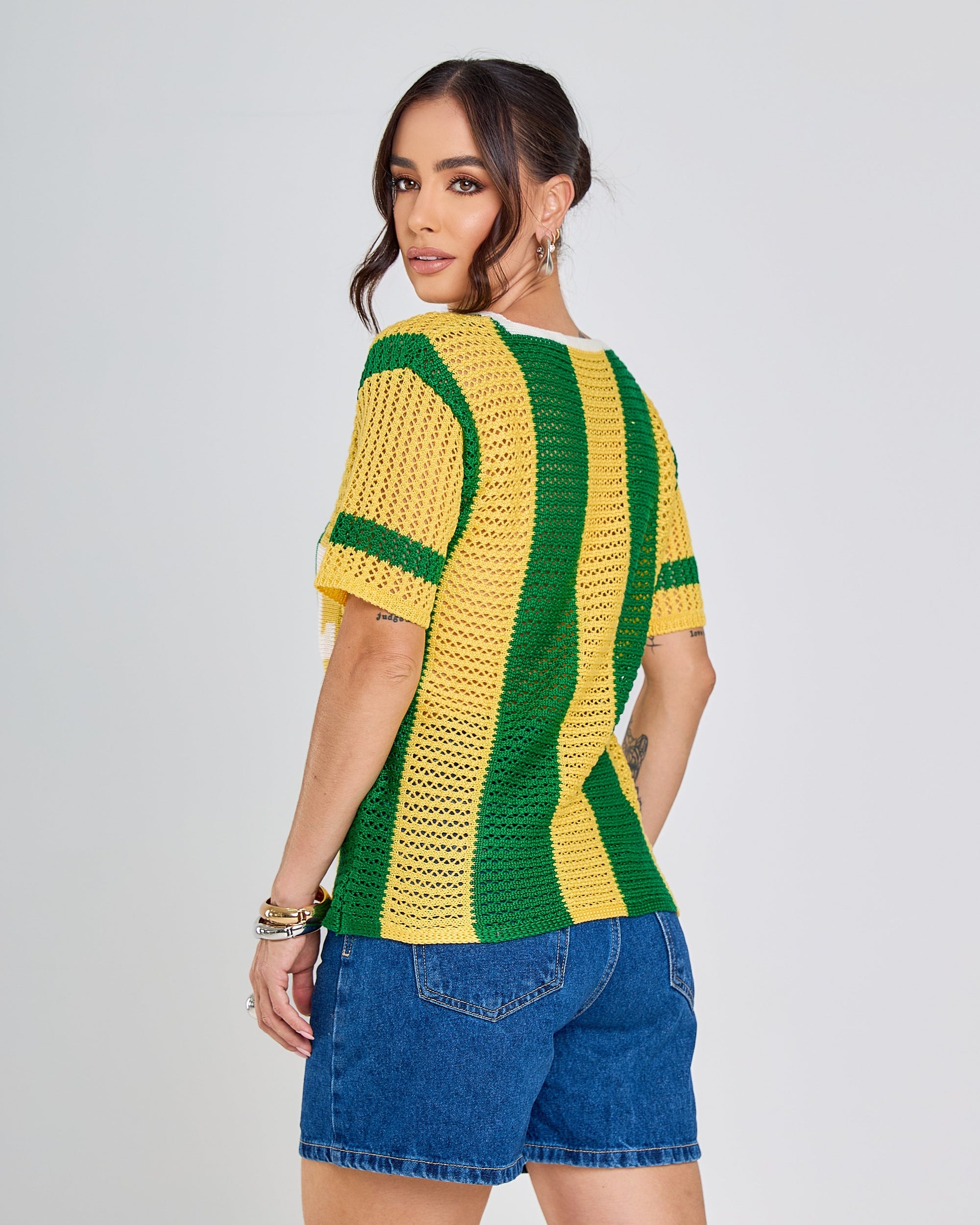blusa tricot manga curta listrada verde e amarelo brasil copa 2026 + frete grátis
