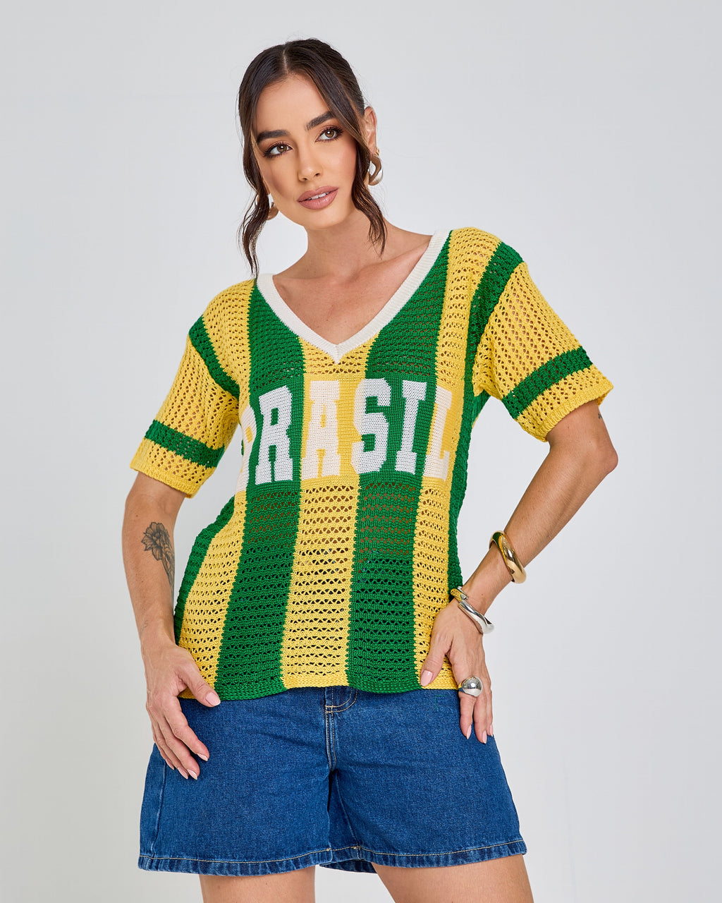 blusa tricot manga curta listrada verde e amarelo brasil copa 2026 + frete grátis