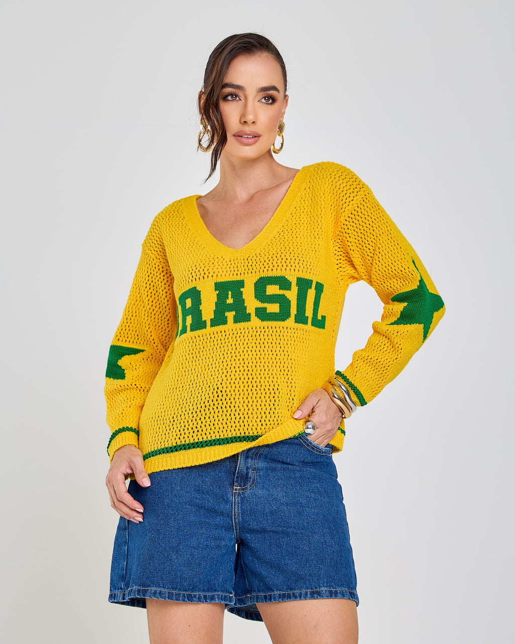 blusa tricot brasil core copa 2026 amarelo camisa dez + frete grátis