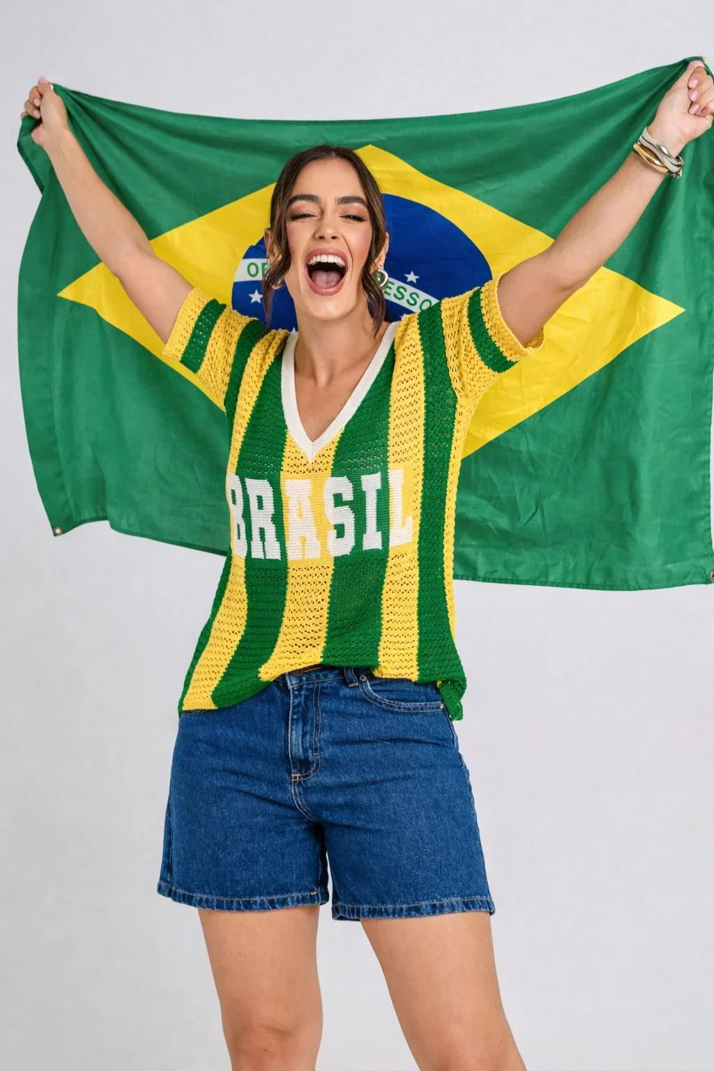 blusa tricot manga curta listrada verde e amarelo brasil copa 2026 + frete grátis